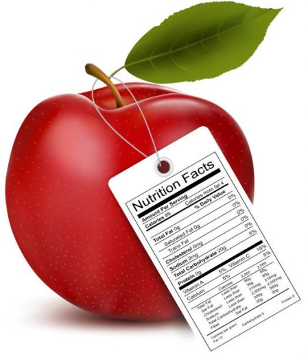 An apple with a nutrition facts label. Vector